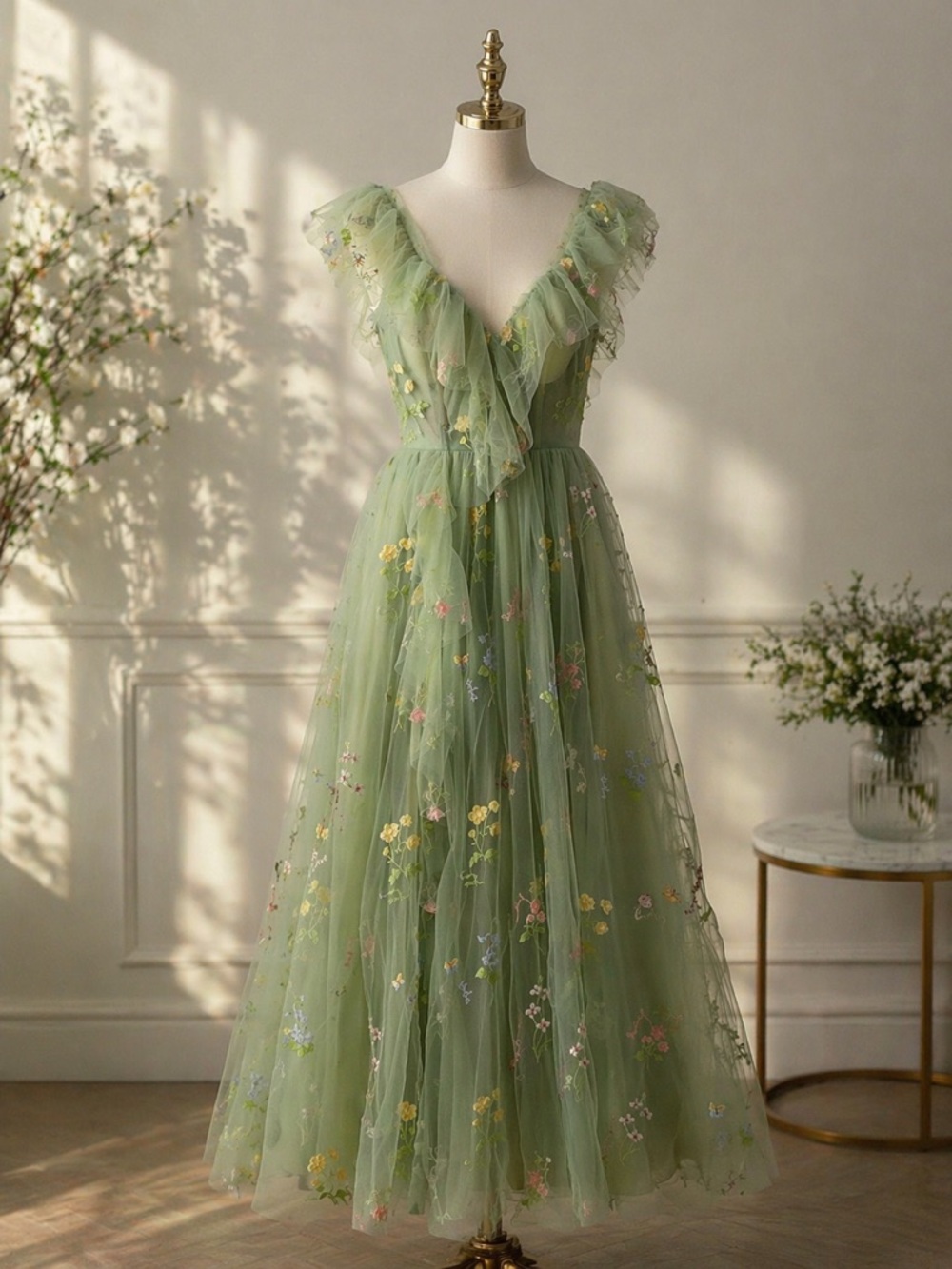 Ethereal Green Floral Tulle Maxi Dress